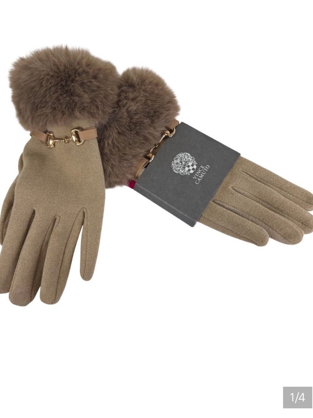 Vince Camuto NEW Womens Faux Fur Cuff Horsebit Gloves Cognac Brown Women's Large